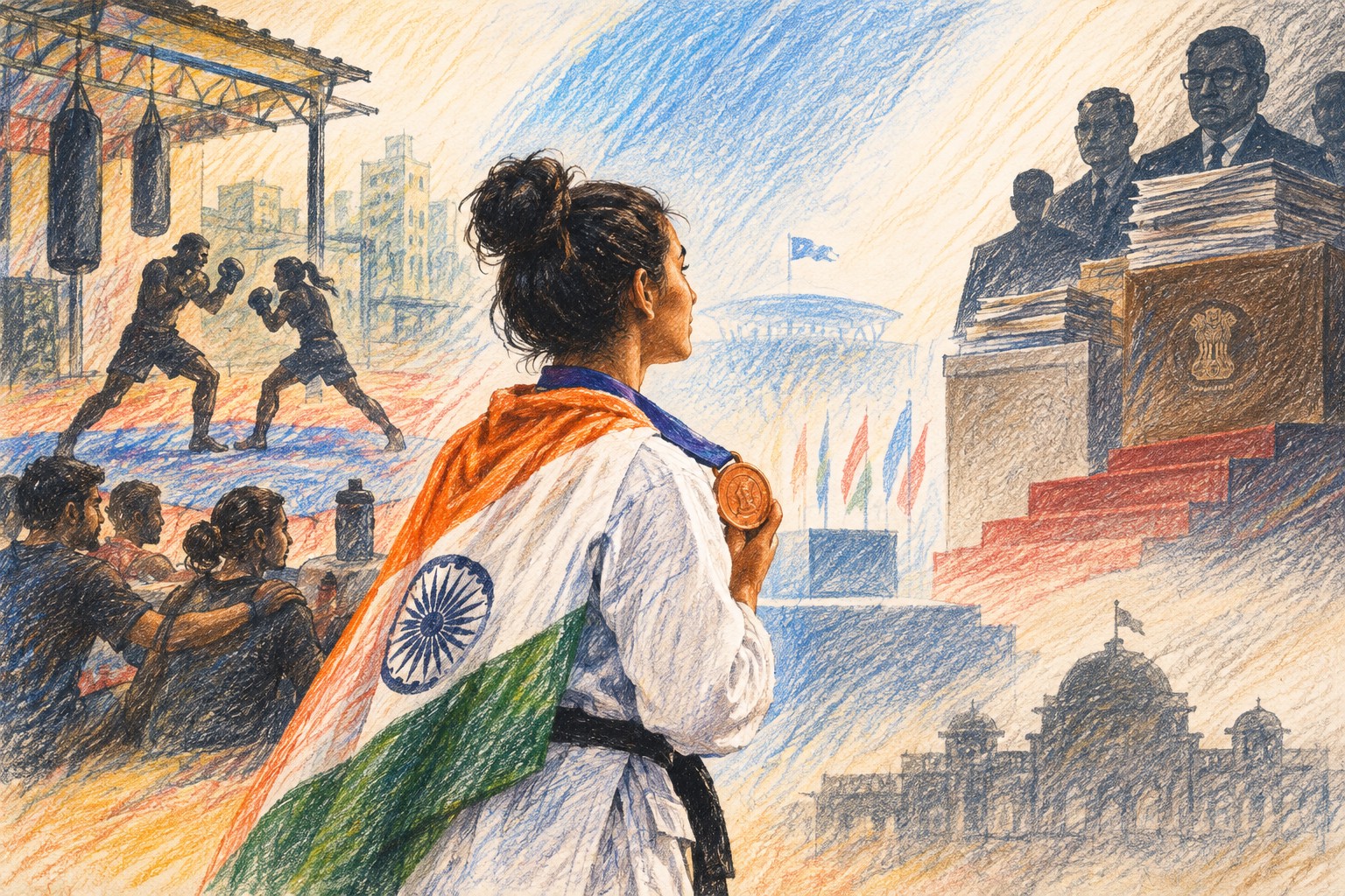 Indian MMA fighter Suchika Tariyal in the cage raising her fist in victory at the Asian Games